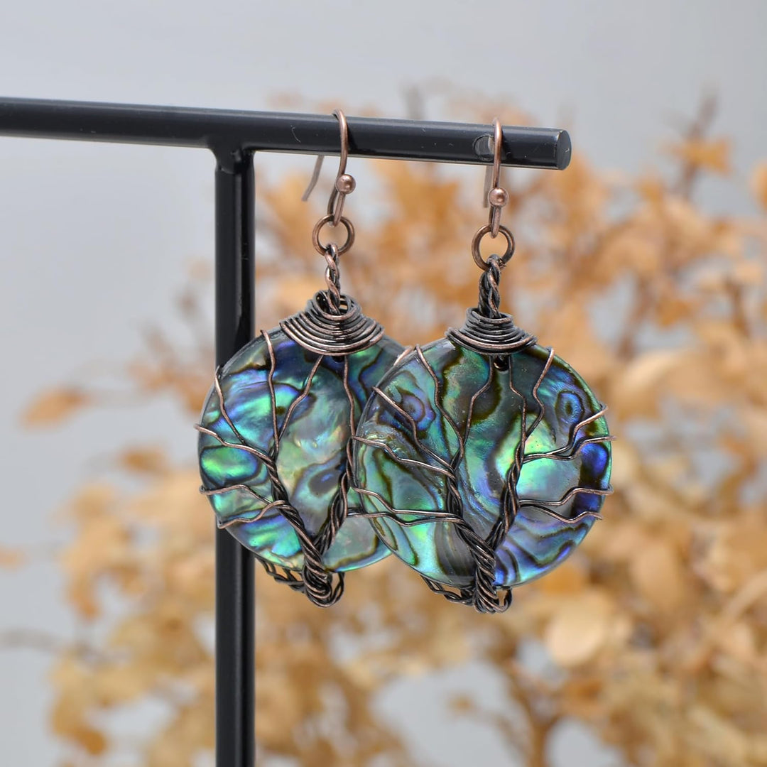 Aethers & Co A5 Handmade Teardrop Abalone Shell Dangle Earrings for Women, Wire Craft Tree of Life Earrings