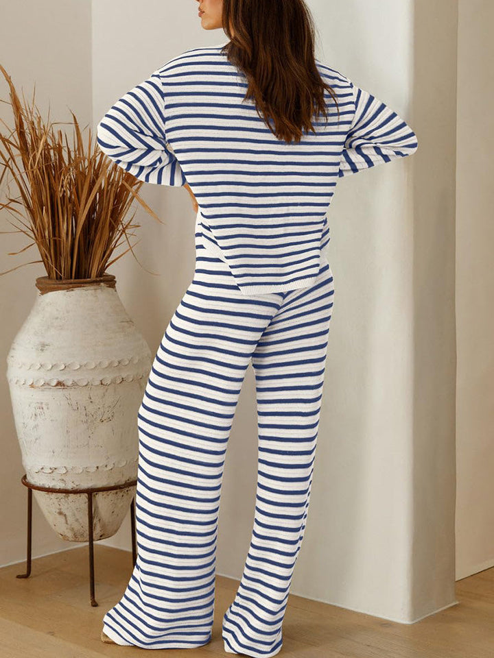 Stripe Button Knit Lounge Set Blue / L