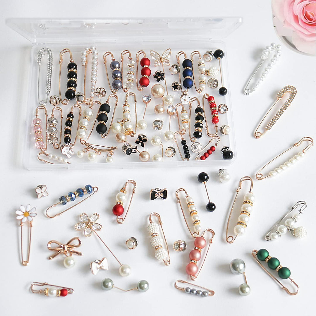 Aethers & Co A2 80 Pcs Brooch Pins, Sweater Shawl Hat Clip Neckline Pins Double Faux Pearl Brooches for Women Girls Fashion Cover Up Buttons Clothing Dress Decoration Accessories Pant Waist Tightener Safety Pins (70)