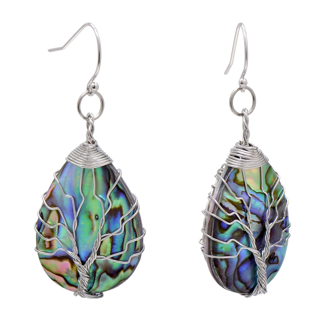 Aethers & Co A5 Handmade Teardrop Abalone Shell Dangle Earrings for Women, Wire Craft Tree of Life Earrings