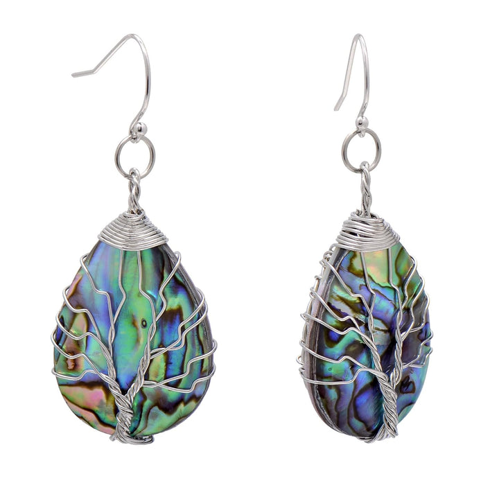 Aethers & Co A5 Handmade Teardrop Abalone Shell Dangle Earrings for Women, Wire Craft Tree of Life Earrings