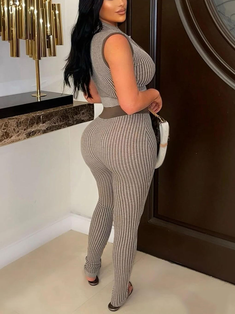 Zip Crop Top Bodycon Pants Set Apricot / S