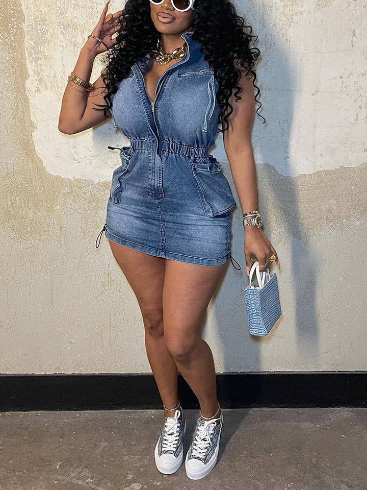 Denim Drawstring Sleeveless Dress Blue / M