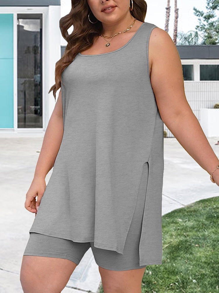 Split Top Shorts Lounge Set Brown* / L