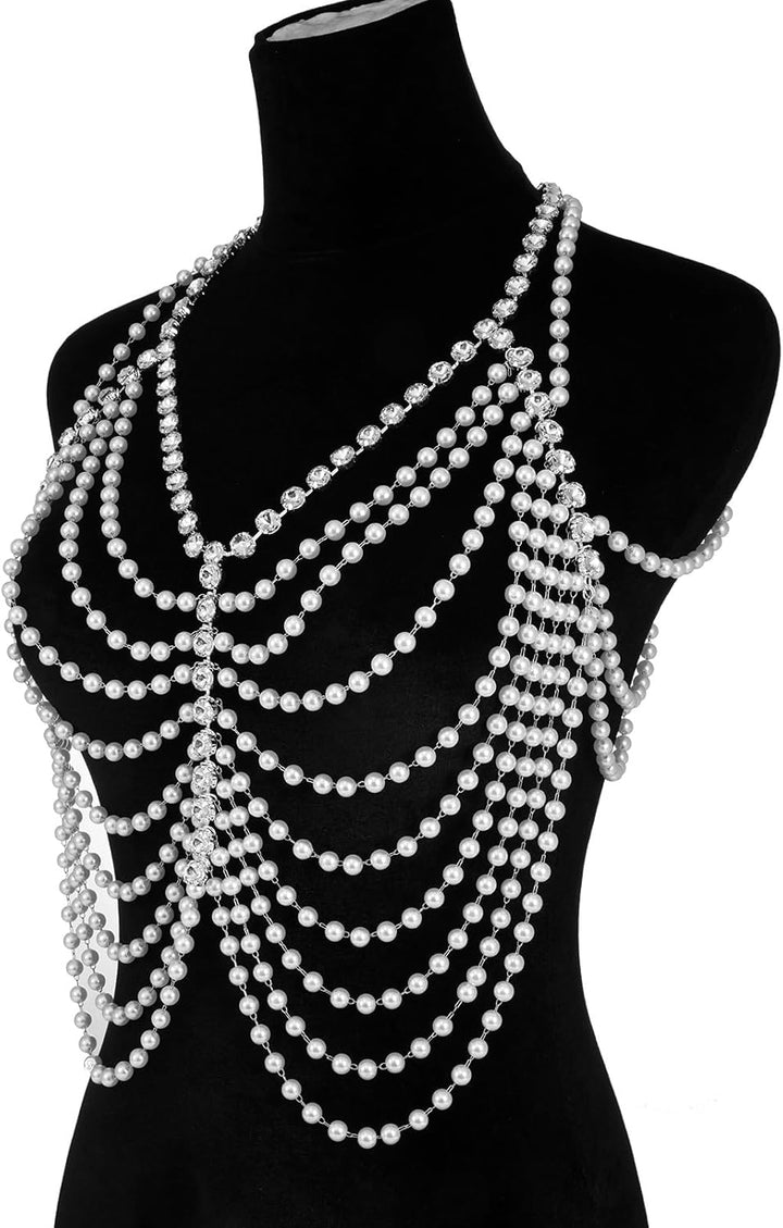 Aethers & Co A18  Rhinestone Chest Chain Bra Body Jewelry for Women Silver Bikini Bra Body Chains