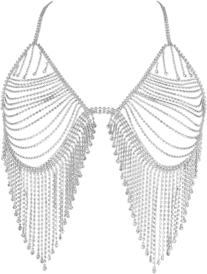 Aethers & Co A18  Rhinestone Chest Chain Bra Body Jewelry for Women Silver Bikini Bra Body Chains