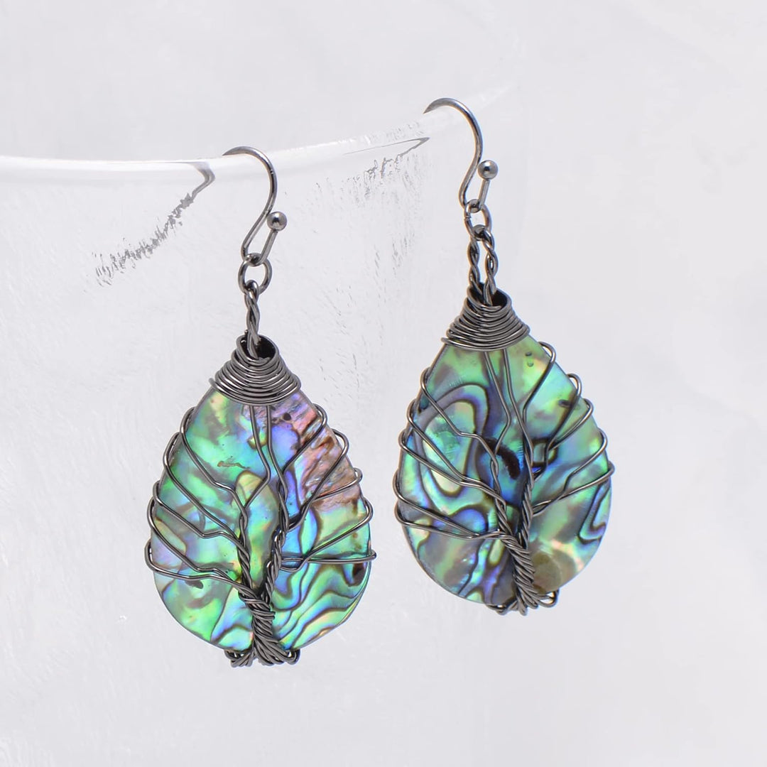 Aethers & Co A5 Handmade Teardrop Abalone Shell Dangle Earrings for Women, Wire Craft Tree of Life Earrings