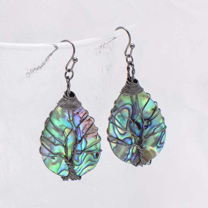 Aethers & Co A5 Handmade Teardrop Abalone Shell Dangle Earrings for Women, Wire Craft Tree of Life Earrings