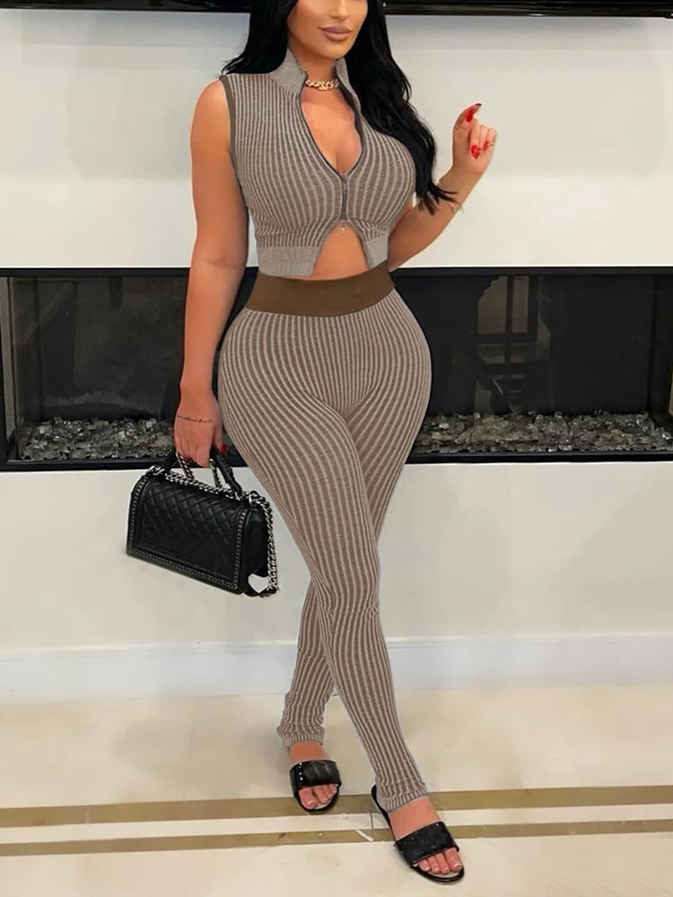 Zip Crop Top Bodycon Pants Set Black / 2XL