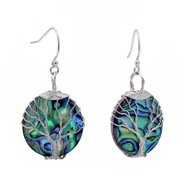 Aethers & Co A5 Handmade Teardrop Abalone Shell Dangle Earrings for Women, Wire Craft Tree of Life Earrings