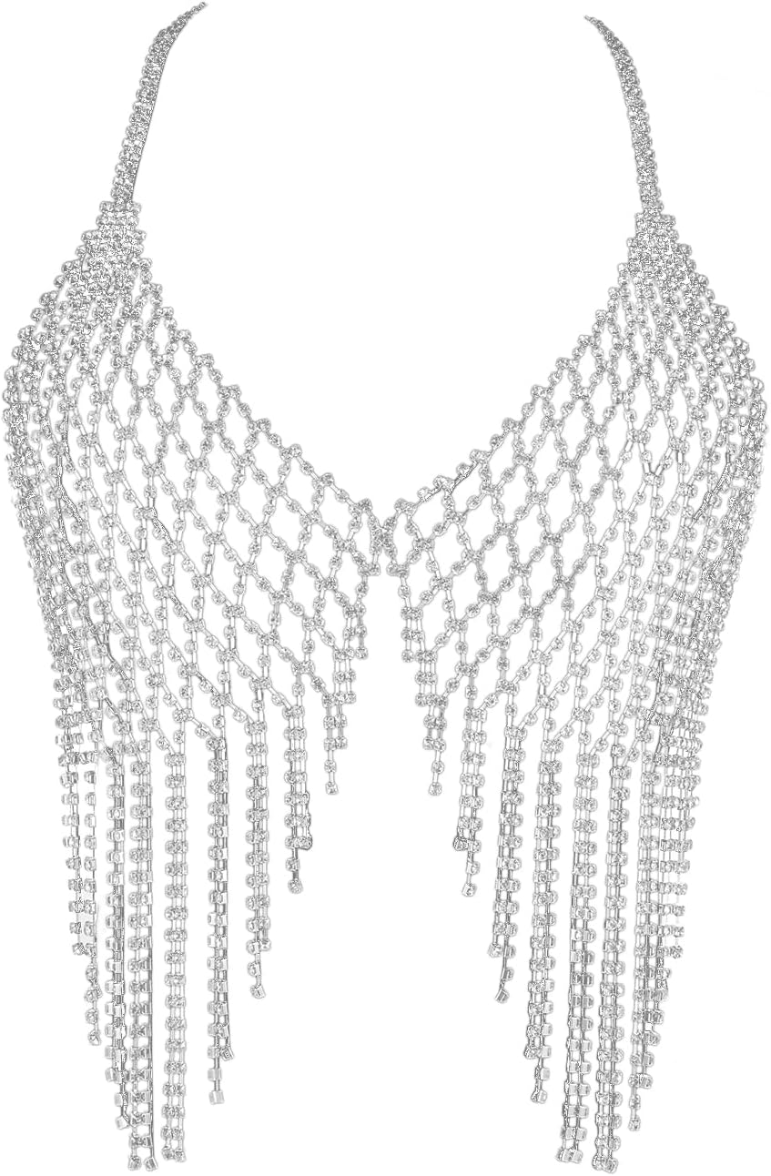 Aethers & Co A18  Rhinestone Chest Chain Bra Body Jewelry for Women Silver Bikini Bra Body Chains