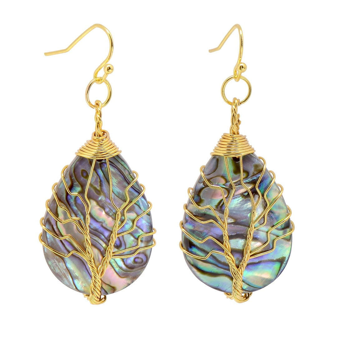 Aethers & Co A5 Handmade Teardrop Abalone Shell Dangle Earrings for Women, Wire Craft Tree of Life Earrings