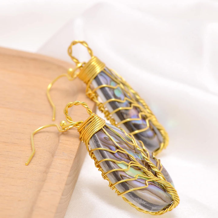 Aethers & Co A5 Handmade Teardrop Abalone Shell Dangle Earrings for Women, Wire Craft Tree of Life Earrings