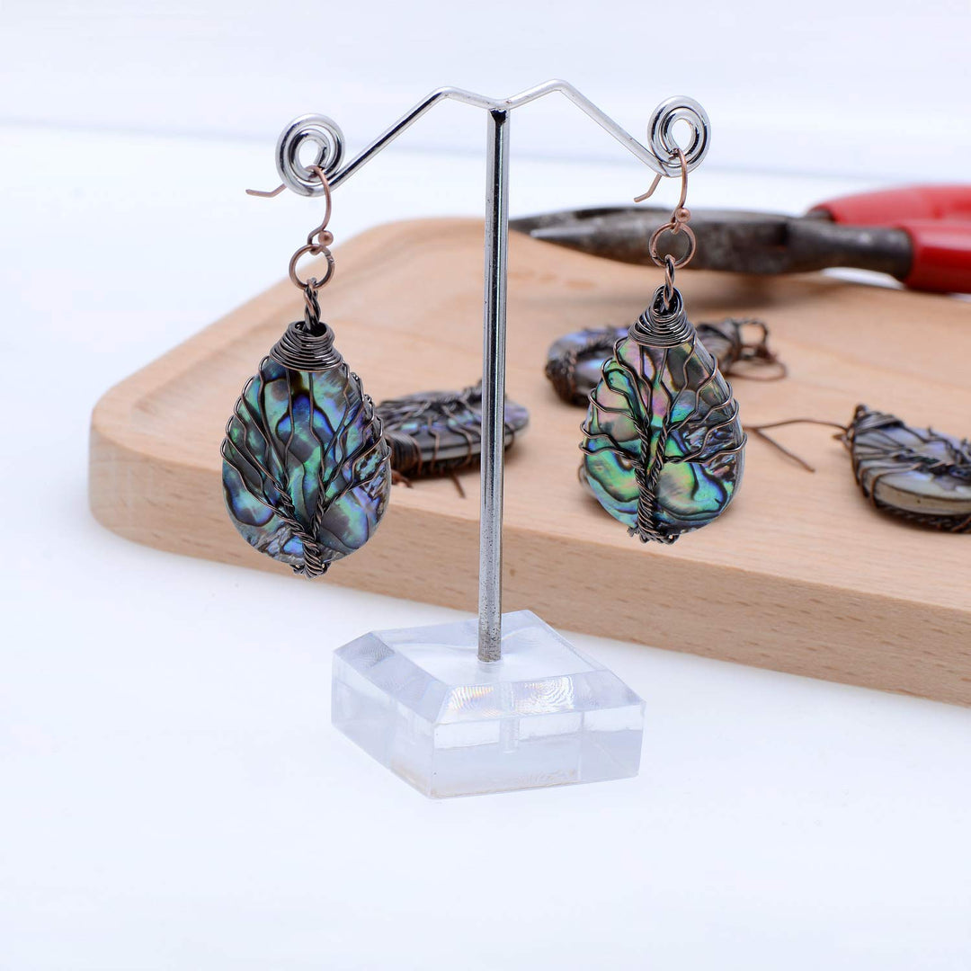 Aethers & Co A5 Handmade Teardrop Abalone Shell Dangle Earrings for Women, Wire Craft Tree of Life Earrings