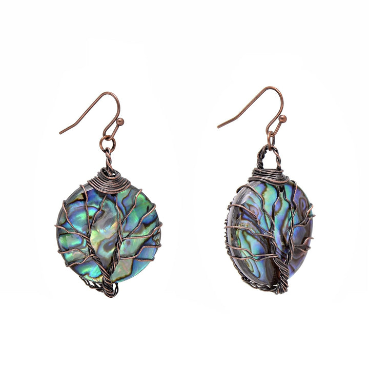 Aethers & Co A5 Handmade Teardrop Abalone Shell Dangle Earrings for Women, Wire Craft Tree of Life Earrings
