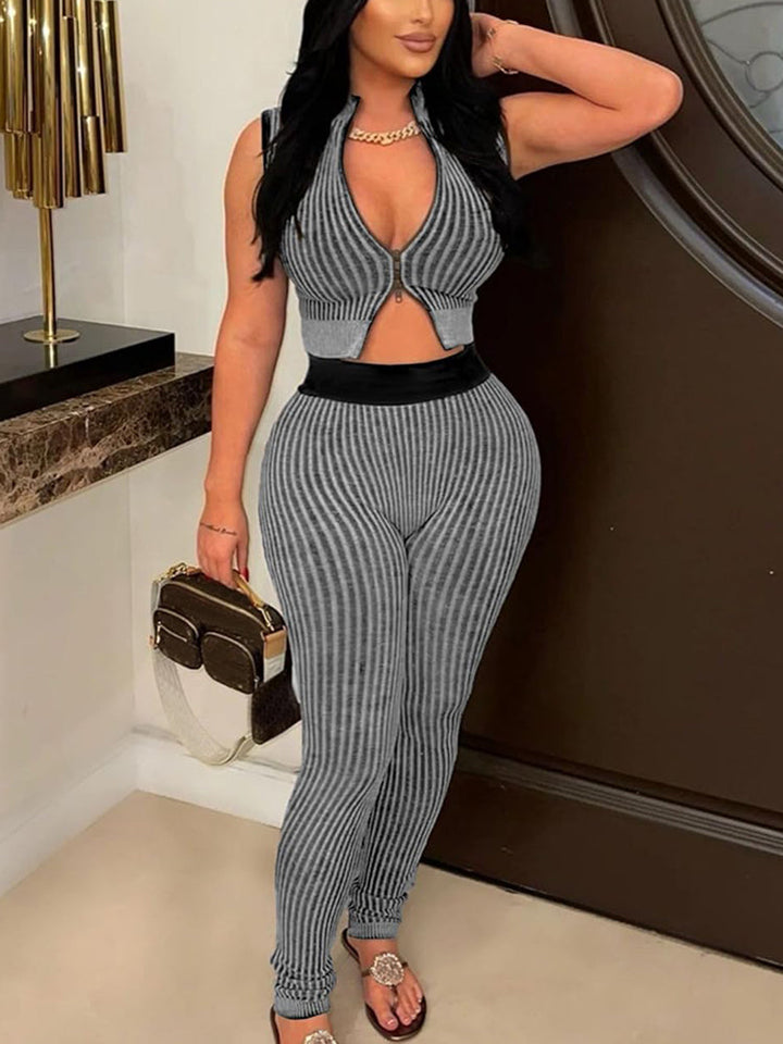 Zip Crop Top Bodycon Pants Set Black / M