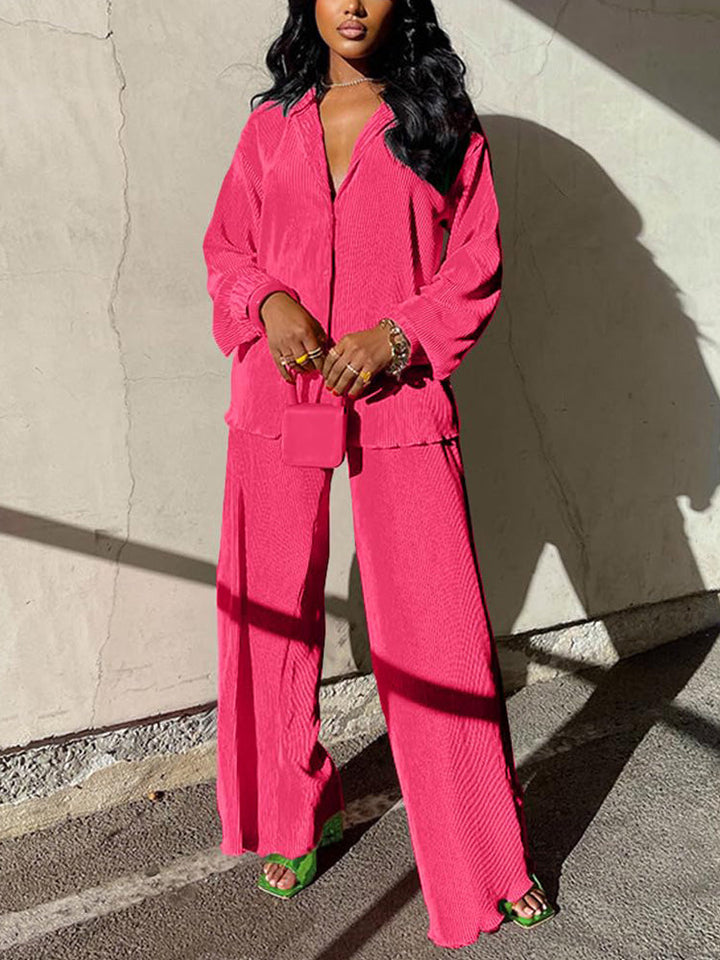 Pleated Top Wide Pants Set Grass Green / XL