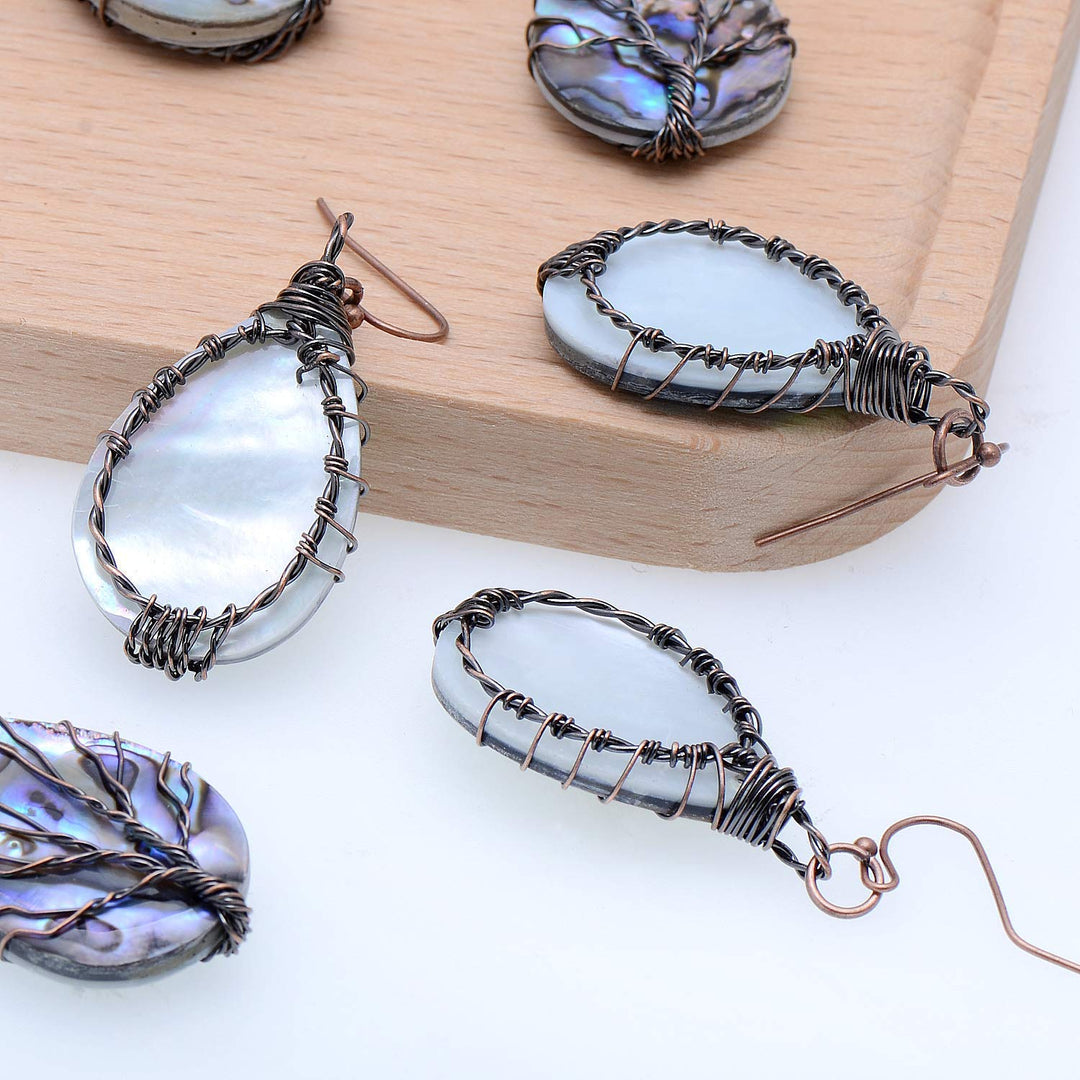 Aethers & Co A5 Handmade Teardrop Abalone Shell Dangle Earrings for Women, Wire Craft Tree of Life Earrings