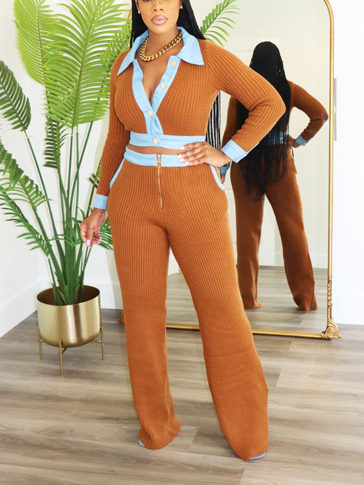 Denim-Trimmed Knit Set Brown* / L