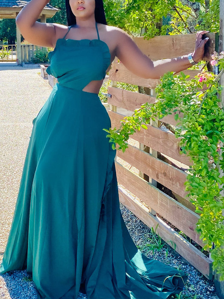 Ruffle Halter Backless Maxi Dress Blue / XL