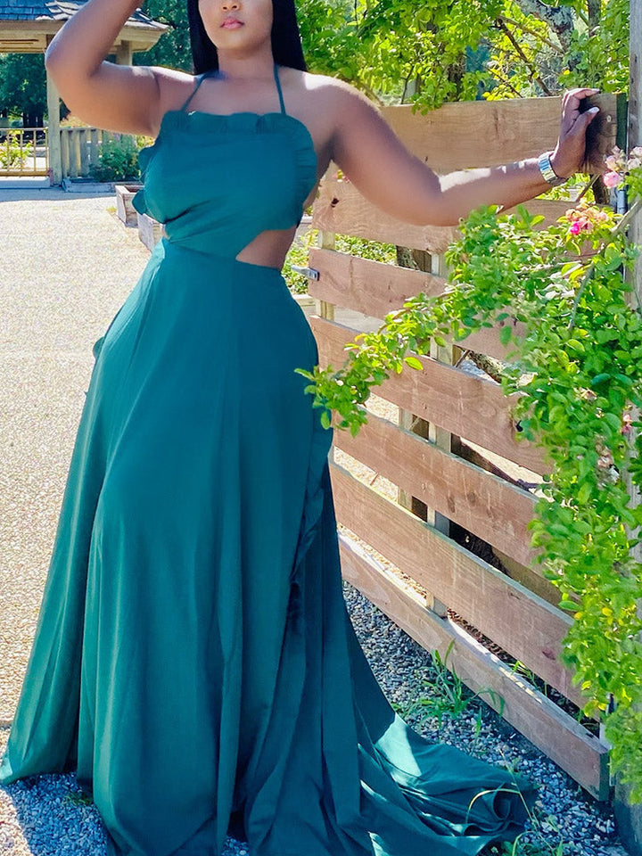 Ruffle Halter Backless Maxi Dress Blue / XL
