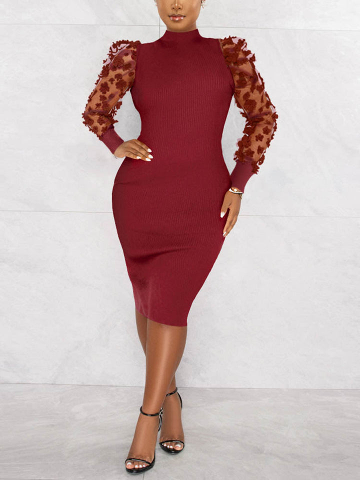 Mesh Puff Sleeve Ribbed Midi Dress Purple / L