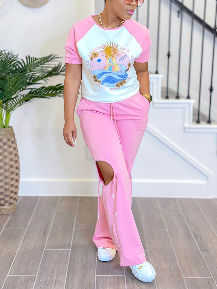 Printed Tee & Cutout Pants Set *Blue / M