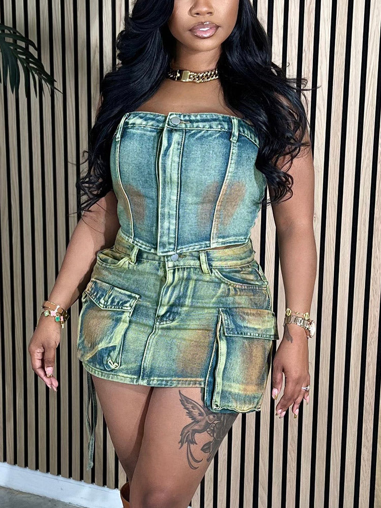 Denim Vintage Washed Cargo Skirt Set Set / S