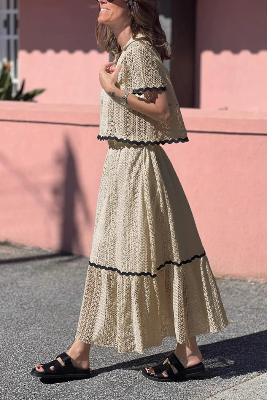 Lapel Lacework Hollow Out Shirt Skirt Set