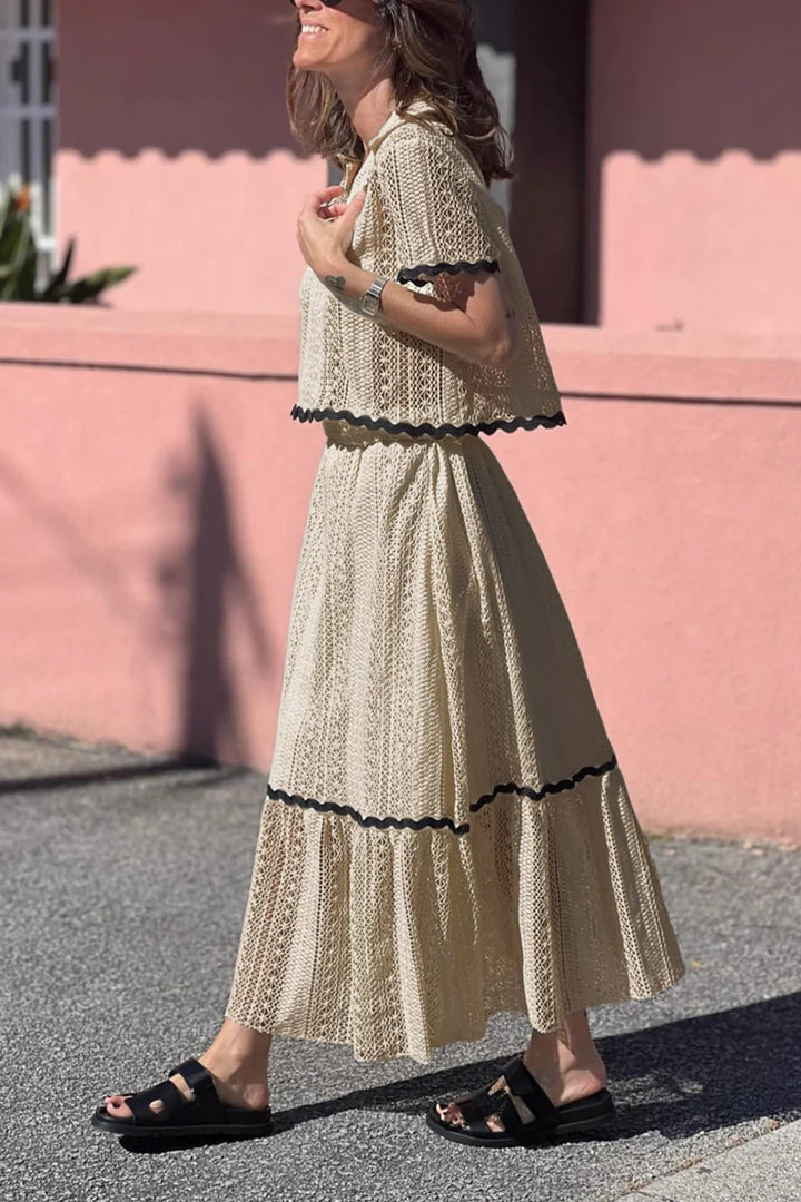 Lapel Lacework Hollow Out Shirt Skirt Set