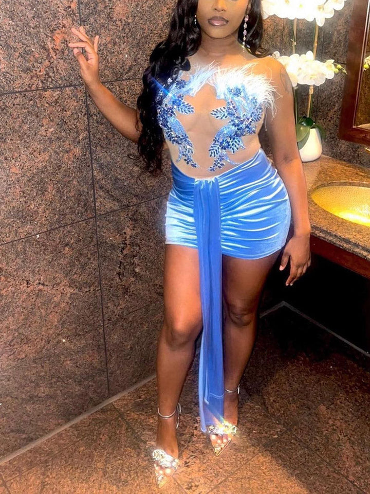 Mesh Embroidery Velvet Dress Blue / 2XL