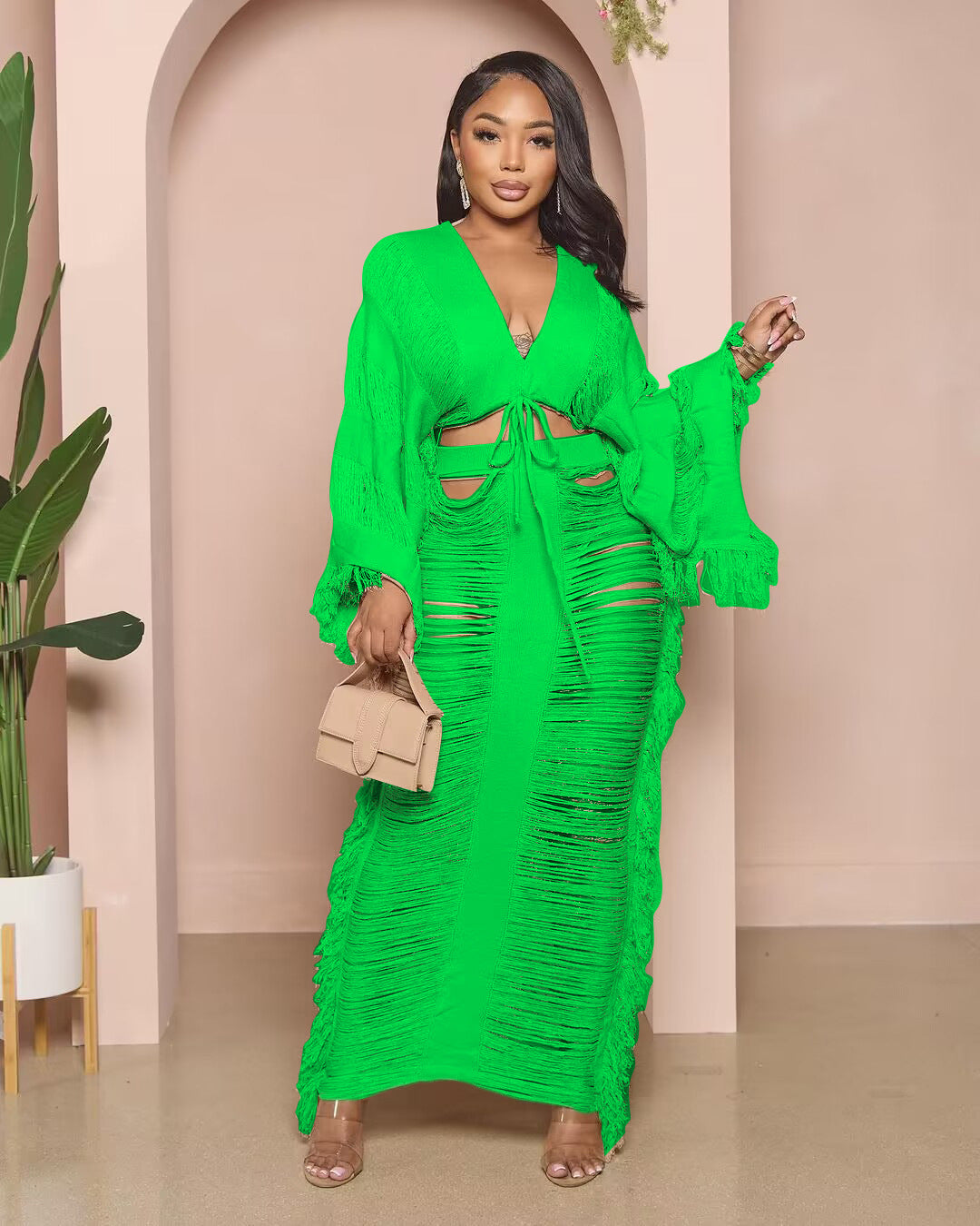 Casual Knit Tie-Front Long-Sleeve Dress Set