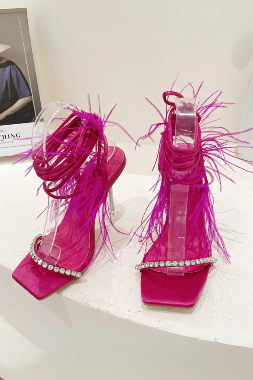 Rhinestone Feather Tie-up Square Toe Sandals