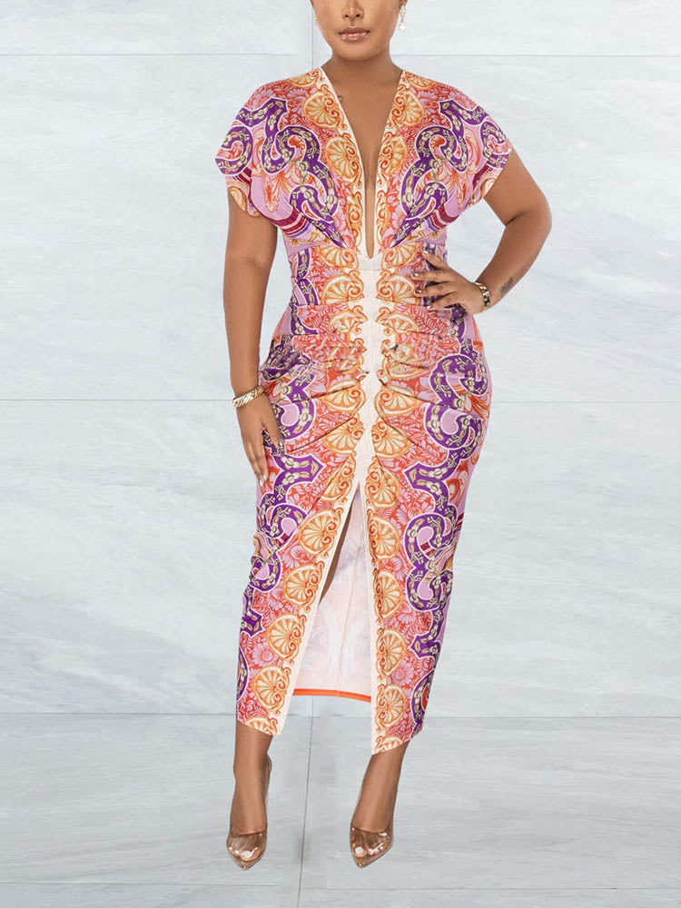 Print Ruched Slit Vacation Dress Cyan / 2XL