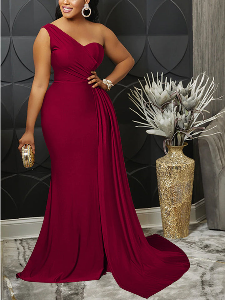 One Shoulder Solid Color Party Dress Burgundy / M