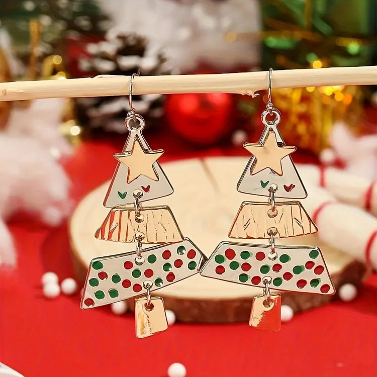 Mixed Metal Christmas Tree Drop Earrings