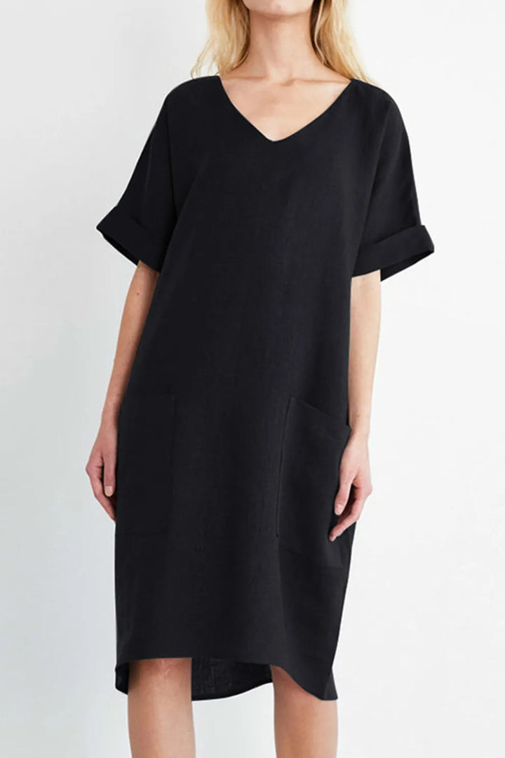 V Neck Short Sleeve Pocketed Cotton Dress