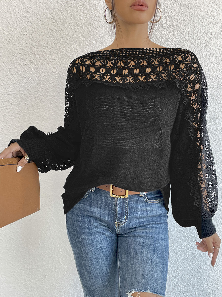 Lace Patchwork One-Shoulder French Sweater