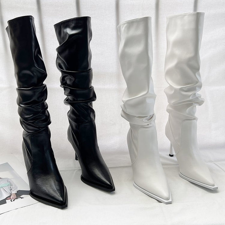 Pointed-Toe Pleated Knee-High Boots