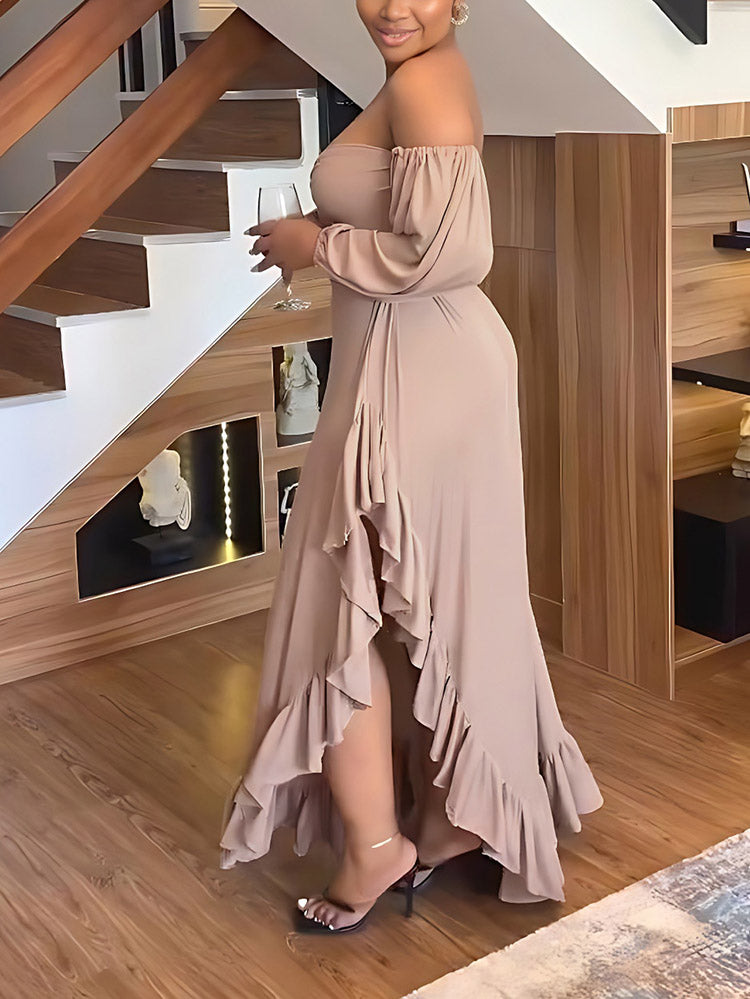 Asymmetrical Ruffle Slit Dress Khaki / S