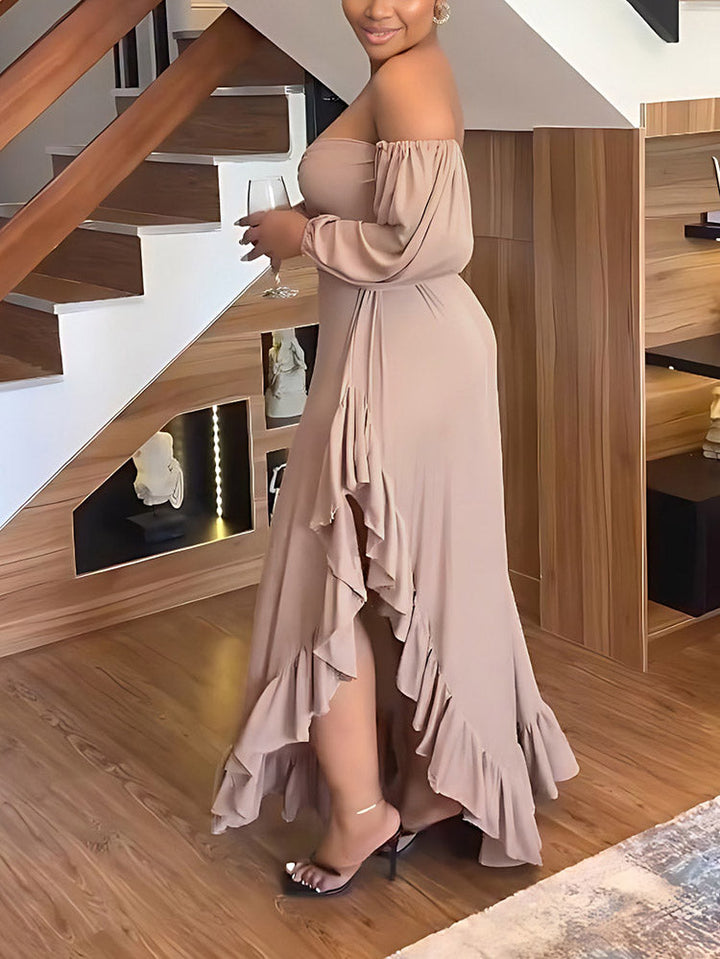 Asymmetrical Ruffle Slit Dress Khaki / S