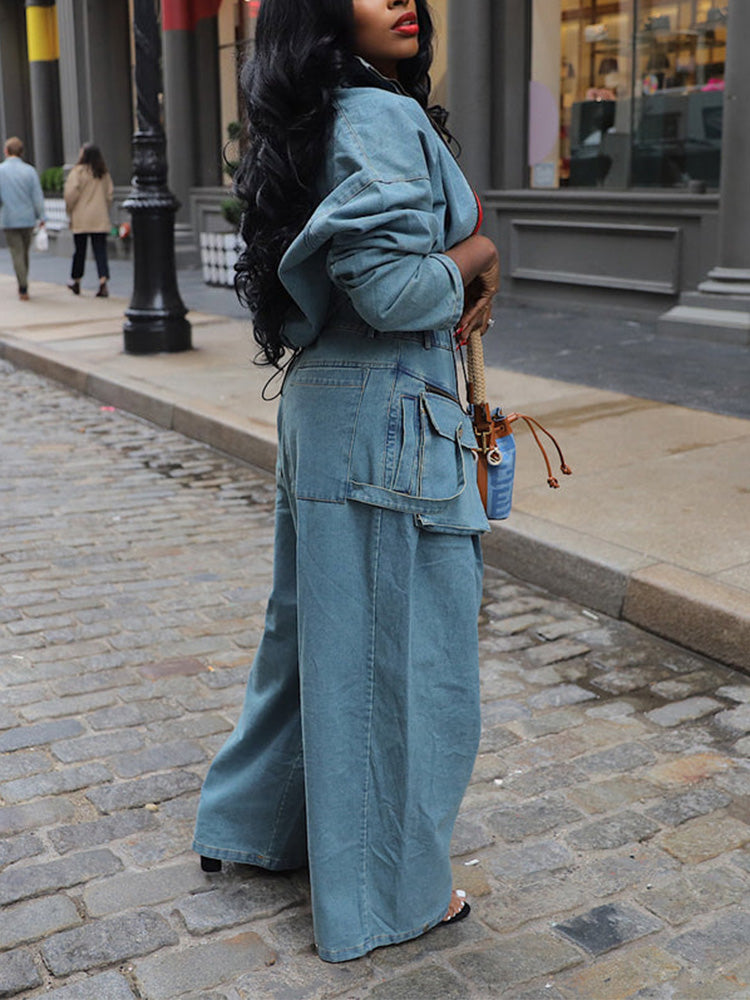 Denim Jacket & Wide Pants Set Blue / M