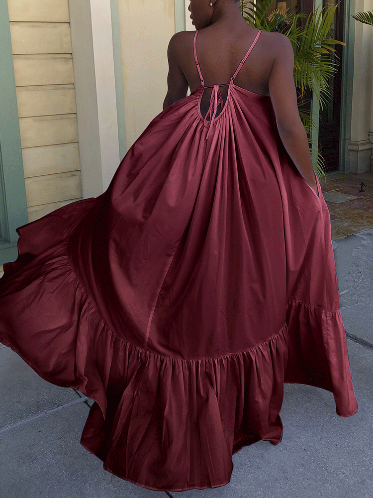 Spaghetti Strap Ruffle Maxi Dress Black / 2XL