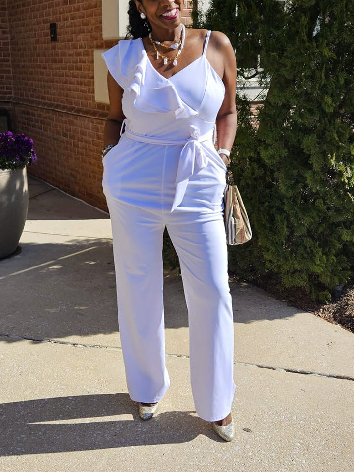 Ruffle Belted Wide Jumpsuit Pink / XL