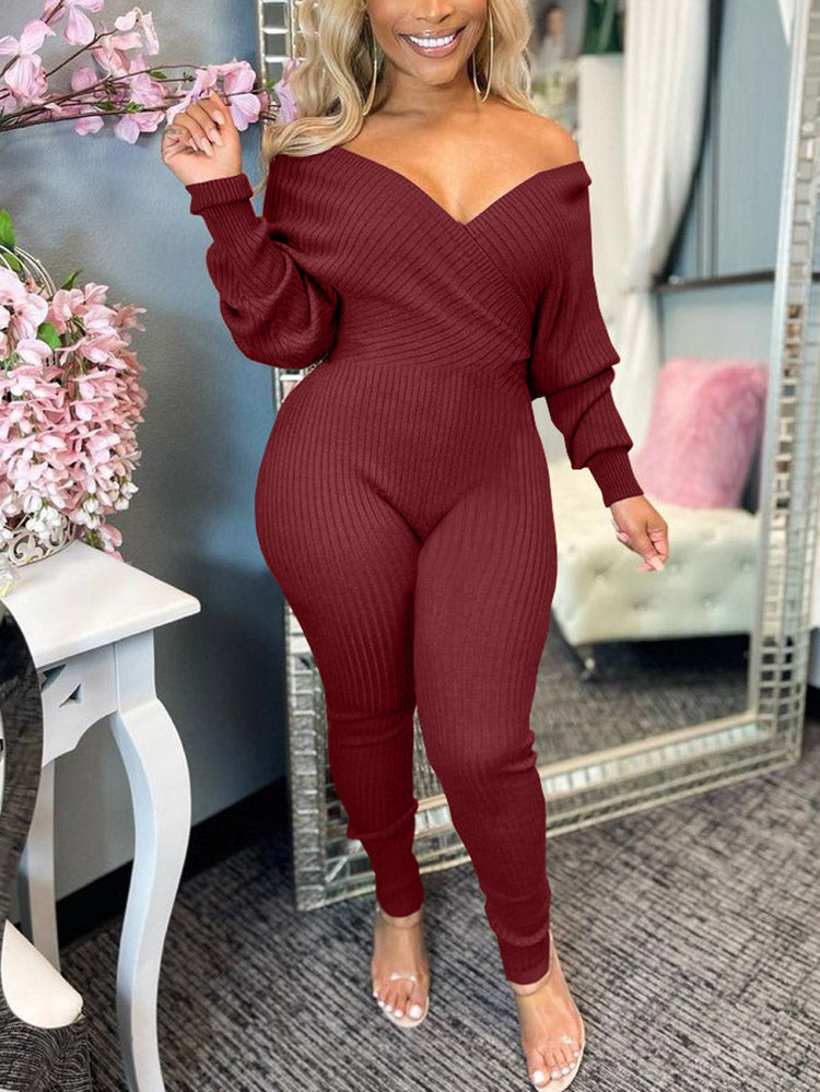 Off Shoulder Ribbed Jumpsuit Apricot / M