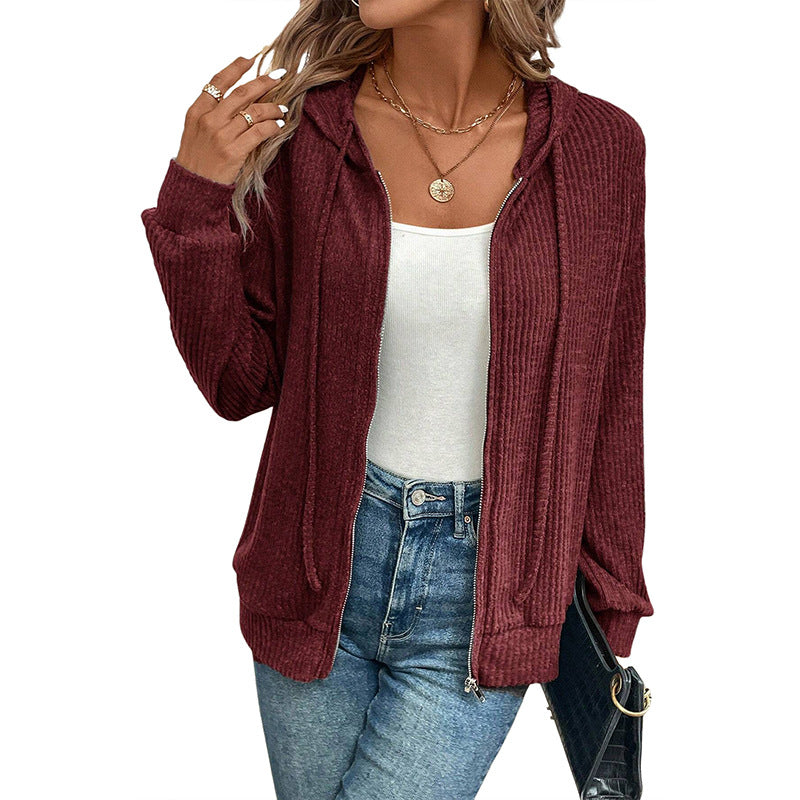 Loose Striped Casual Zipper Hooded Sweatshirt