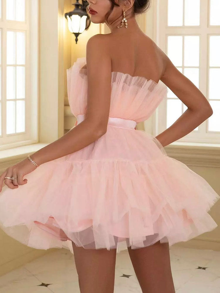 Bow Decor Layered Tulle Cocktail Dress Rose / S