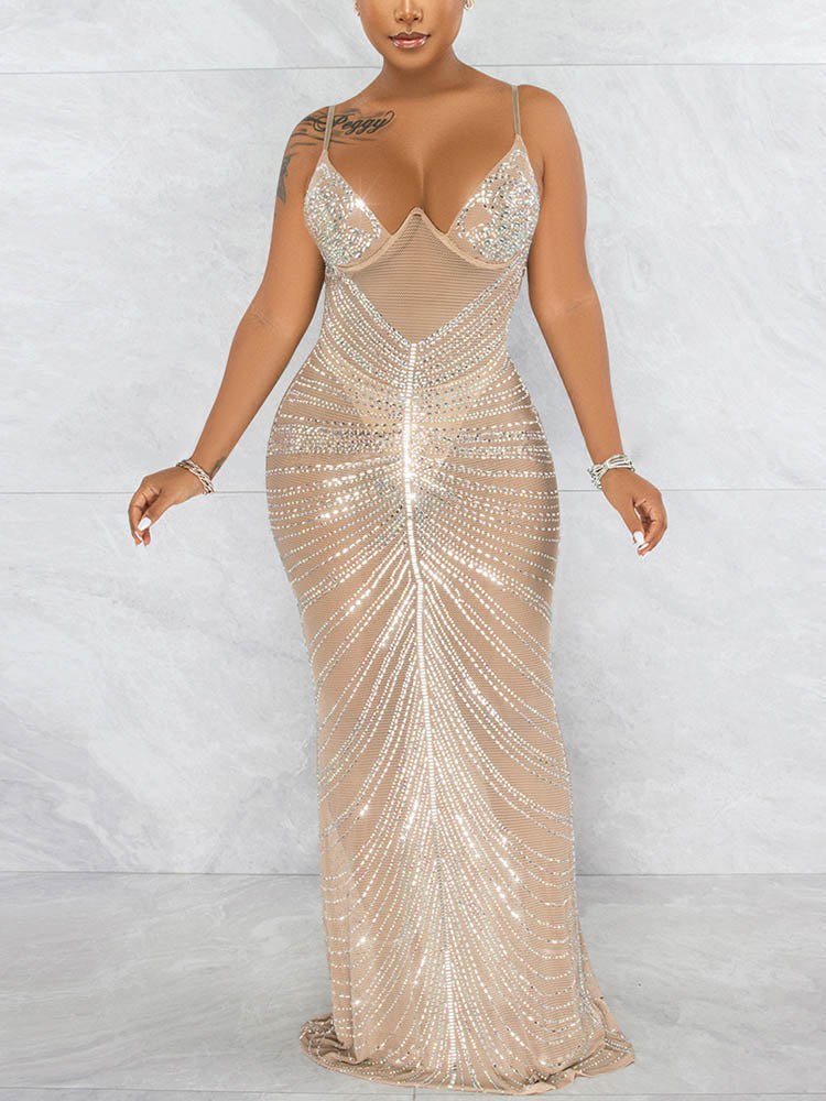 Sheer Mesh Rhinestone Party Dress Apricot / M
