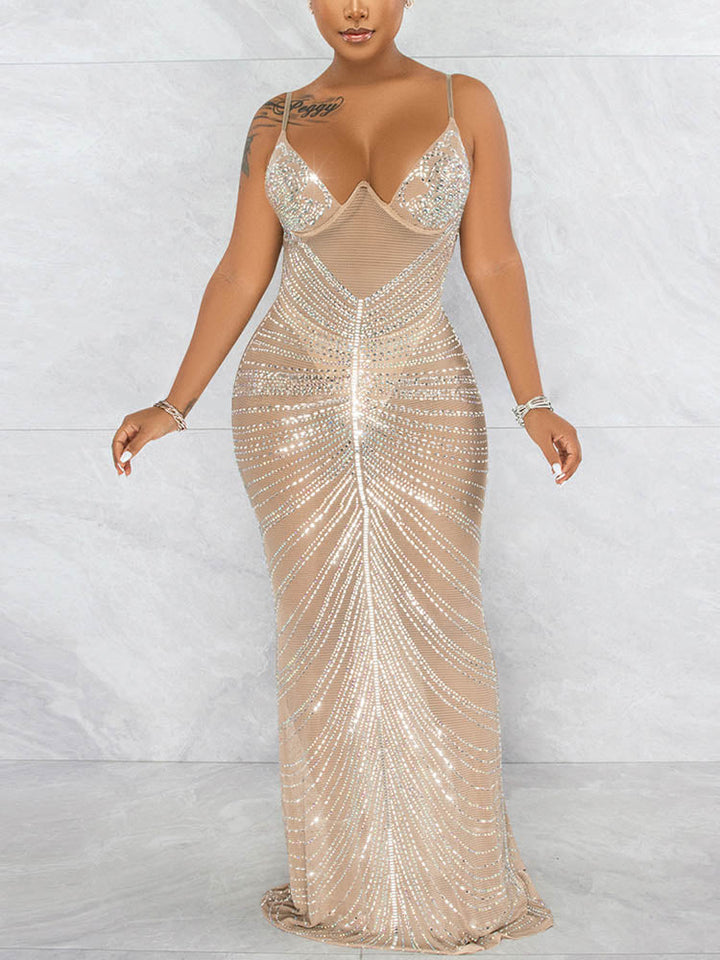 Sheer Mesh Rhinestone Party Dress Apricot / M