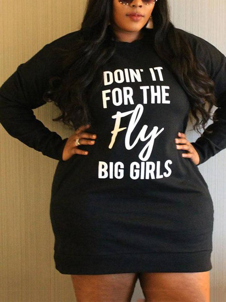 Letter Print Hoodie Dress Black / 2XL